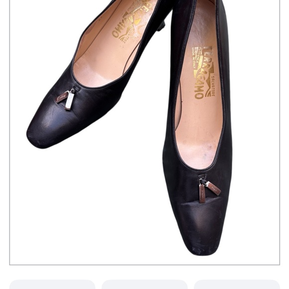 Vintage Salvatore Ferragamo Black Leather Heels Pumps Metallic heel 9 1/2 2A - Picture 13 of 13